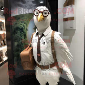 White Pheasant mascot costume character dressed with a Oxford Shirt and Messenger bags