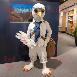 White Pheasant mascot costume character dressed with a Oxford Shirt and Messenger bags