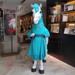 Cyan Horse mascot costume character dressed with a Empire Waist Dress and Pocket squares