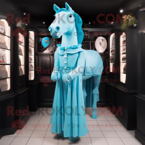 Cyan Horse mascot costume character dressed with a Empire Waist Dress and Pocket squares