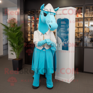 Cyan Horse mascot costume character dressed with a Empire Waist Dress and Pocket squares