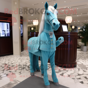 Cyan Horse mascot costume character dressed with a Empire Waist Dress and Pocket squares