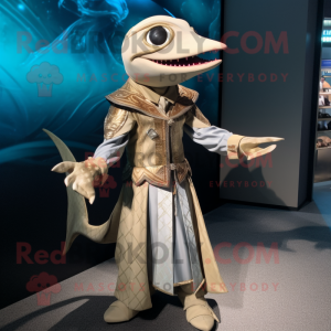 Tan Swordfish mascot costume character dressed with a Empire Waist Dress and Rings