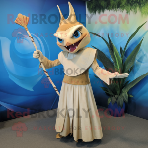 Tan Swordfish mascot costume character dressed with a Empire Waist Dress and Rings