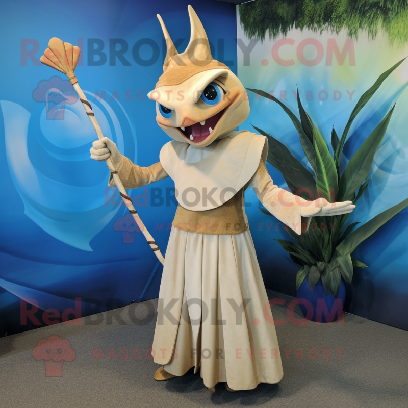 Tan Swordfish mascot costume character dressed with a Empire Waist Dress and Rings