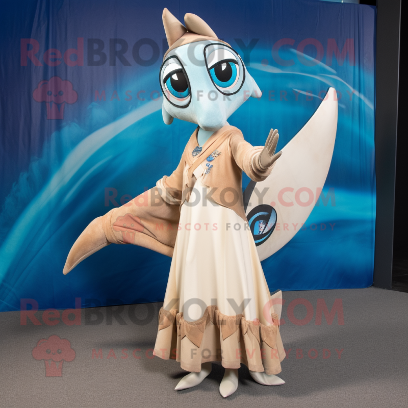 Tan Swordfish mascot costume character dressed with a Empire Waist Dress and Rings