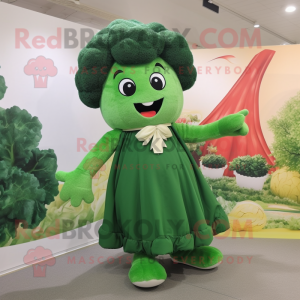 Forest Green Broccoli mascot costume character dressed with a A-Line Dress and Shoe clips