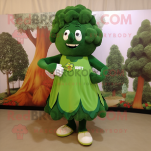 Forest Green Broccoli mascot costume character dressed with a A-Line Dress and Shoe clips