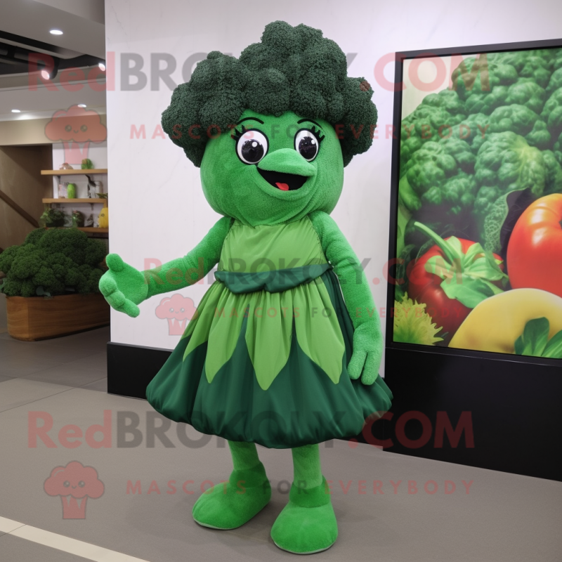 Forest Green Broccoli mascot costume character dressed with a A-Line Dress and Shoe clips Forest Green Broccoli mascot costume character dressed with a A-Line Dress and Shoe clips