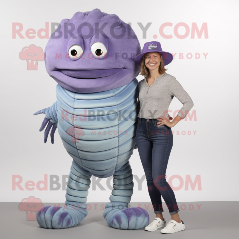 Lavender Trilobite mascot costume character dressed with a Mom Jeans and Caps