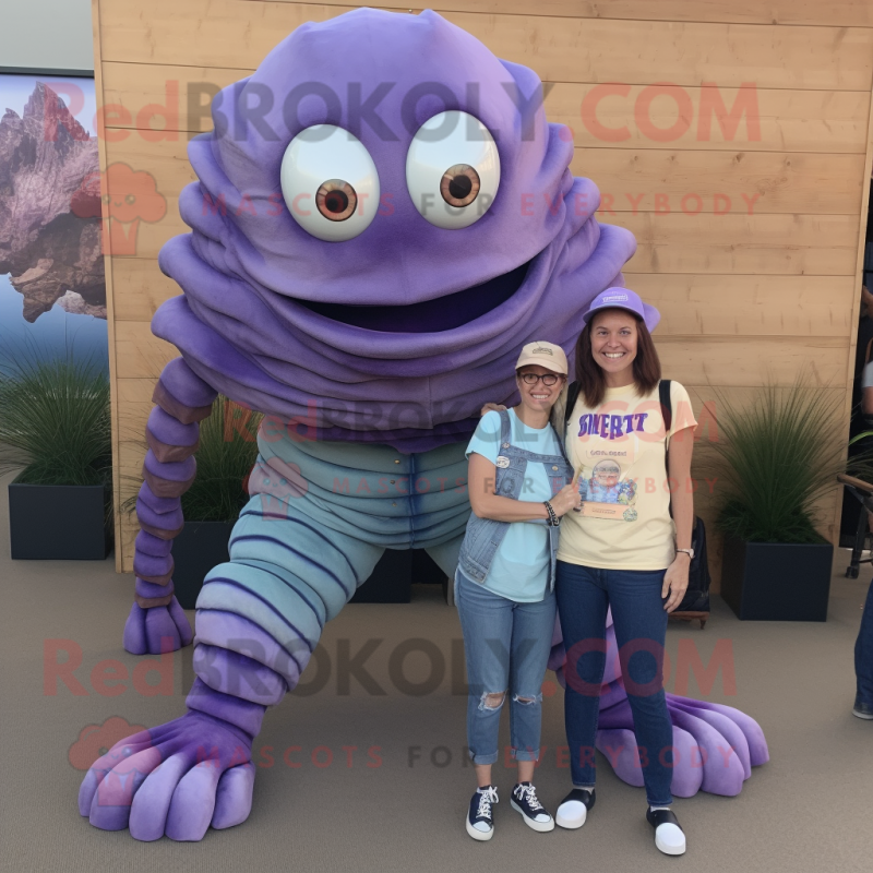 Lavender Trilobite mascot costume character dressed with a Mom Jeans and Caps