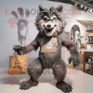 Gray Werewolf mascot costume character dressed with a Graphic Tee and Tote bags
