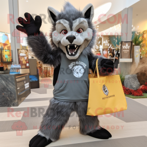 Gray Werewolf mascot costume character dressed with a Graphic Tee and Tote bags