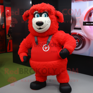 Red Sheep mascot costume character dressed with a Tank Top and Digital watches