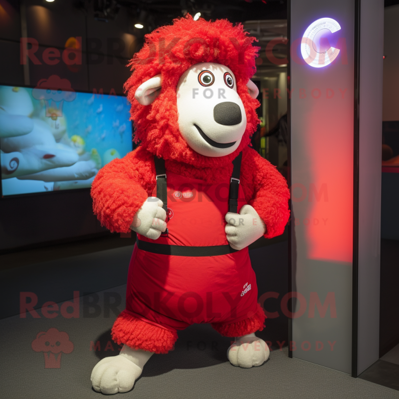 Red Sheep mascot costume character dressed with a Tank Top and Digital watches Red Sheep mascot costume character dressed with a Tank Top and Digital watches
