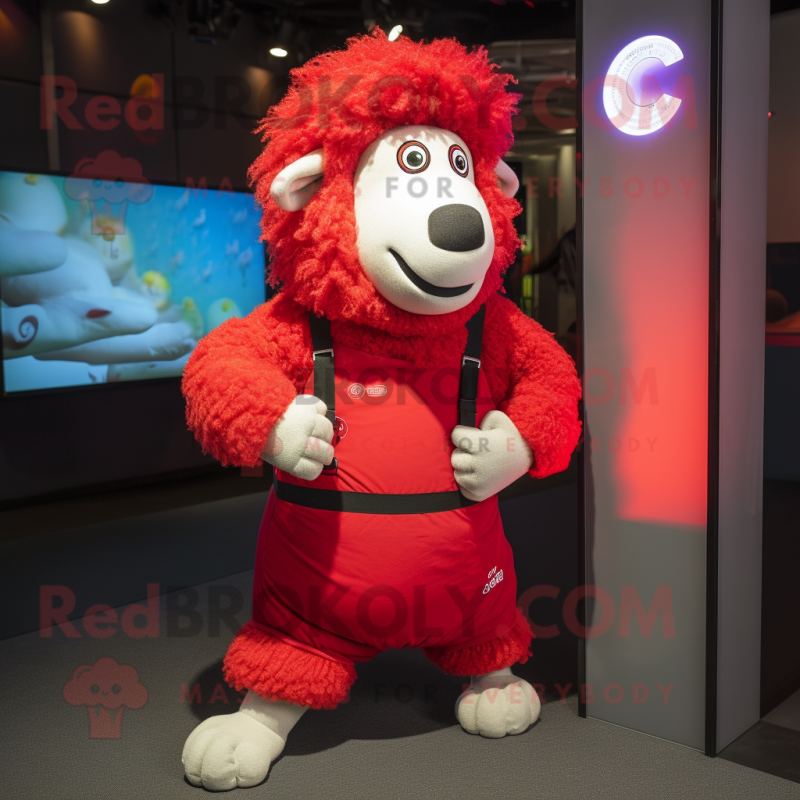 Red Sheep mascot costume character dressed with a Tank Top and Digital watches