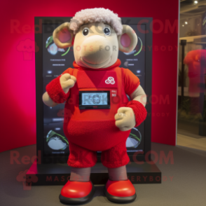 Red Sheep mascot costume character dressed with a Tank Top and Digital watches