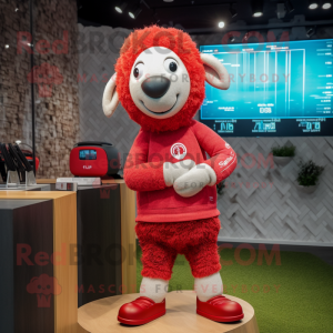 Red Sheep mascot costume character dressed with a Tank Top and Digital watches