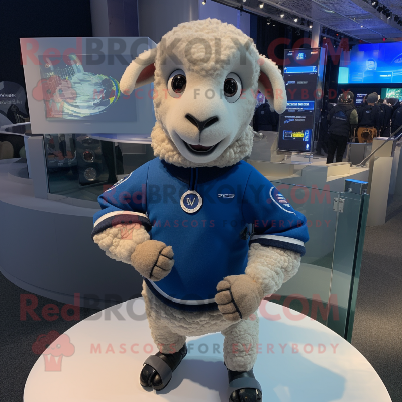 Navy Merino Sheep mascot costume character dressed with a Long Sleeve Tee and Smartwatches Navy Merino Sheep mascot costume character dressed with a Long Sleeve Tee and Smartwatches