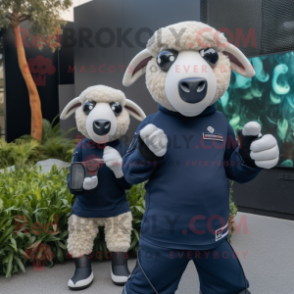 Navy Merino Sheep mascot costume character dressed with a Long Sleeve Tee and Smartwatches