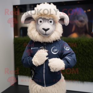 Navy Merino Sheep mascot costume character dressed with a Long Sleeve Tee and Smartwatches