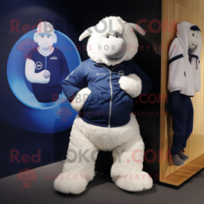 Navy Merino Sheep mascot costume character dressed with a Long Sleeve Tee and Smartwatches