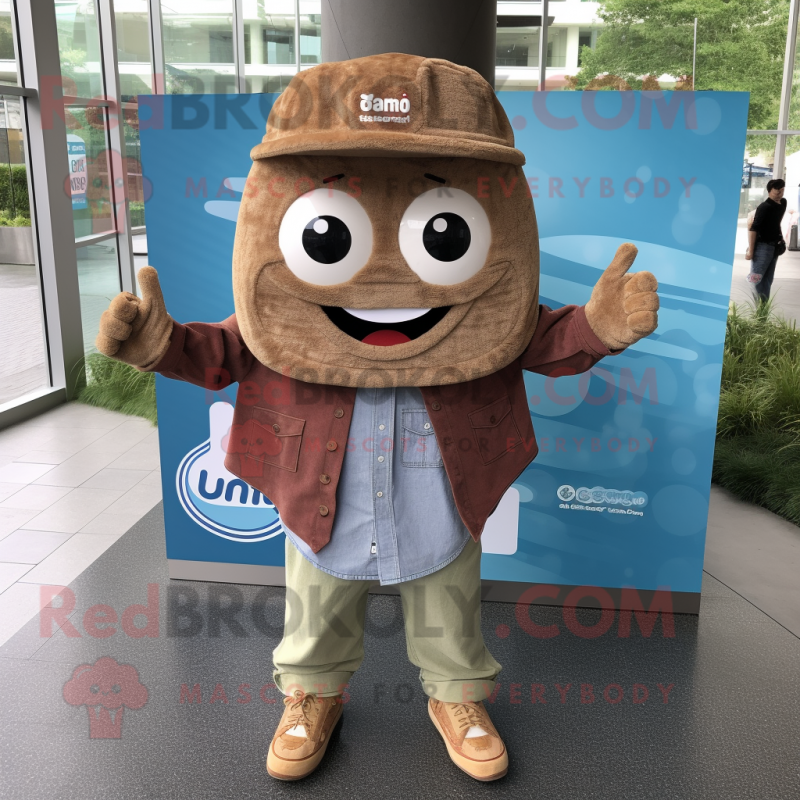 Brown Sushi mascot costume character dressed with a Chambray Shirt and Wallets Brown Sushi mascot costume character dressed with a Chambray Shirt and Wallets
