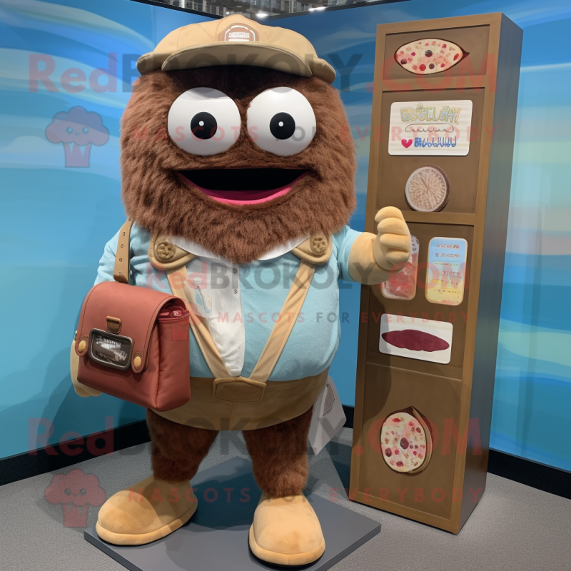 Brown Sushi mascot costume character dressed with a Chambray Shirt and Wallets Brown Sushi mascot costume character dressed with a Chambray Shirt and Wallets