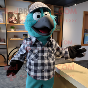 Teal Crow mascot costume character dressed with a Flannel Shirt and Pocket squares