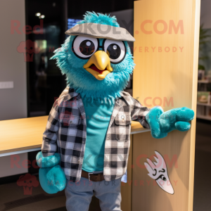 Teal Crow mascot costume character dressed with a Flannel Shirt and Pocket squares