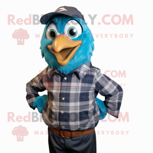 Teal Crow mascot costume character dressed with a Flannel Shirt and Pocket squares