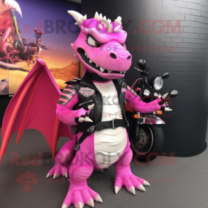 Pink Dragon mascot costume character dressed with a Moto Jacket and Bracelets