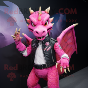 Pink Dragon mascot costume character dressed with a Moto Jacket and Bracelets
