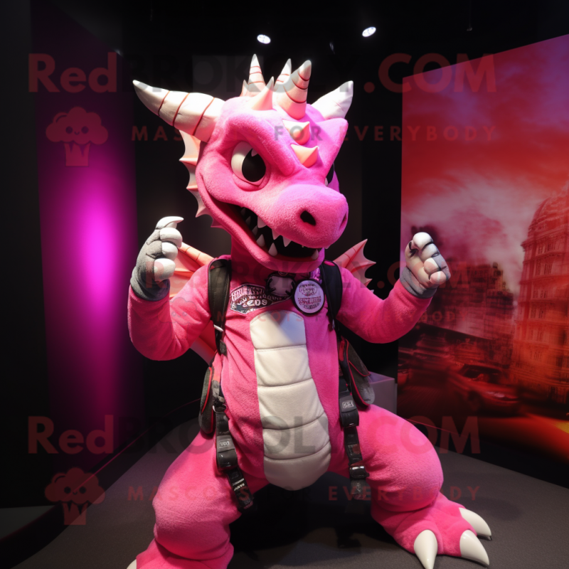 Pink Dragon mascot costume character dressed with a Moto Jacket and Bracelets Pink Dragon mascot costume character dressed with a Moto Jacket and Bracelets