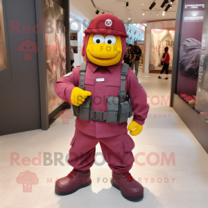 Maroon Para Commando mascot costume character dressed with a Shorts and Coin purses