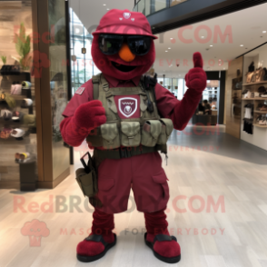 Maroon Para Commando mascot costume character dressed with a Shorts and Coin purses