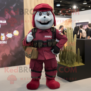 Maroon Para Commando mascot costume character dressed with a Shorts and Coin purses