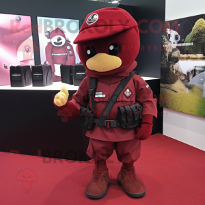 Maroon Para Commando mascot costume character dressed with a Shorts and Coin purses