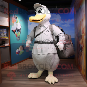 Silver Goose mascot costume character dressed with a Poplin Shirt and Backpacks