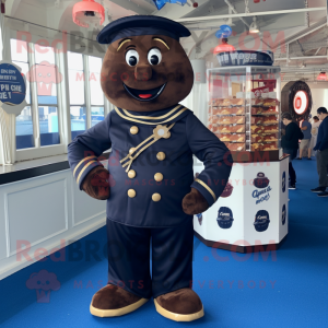 Navy Chocolate Bar mascot costume character dressed with a Jumpsuit and Necklaces