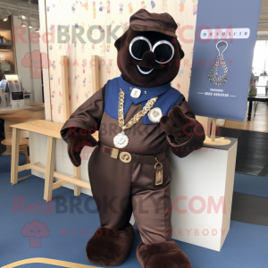 Navy Chocolate Bar mascot costume character dressed with a Jumpsuit and Necklaces