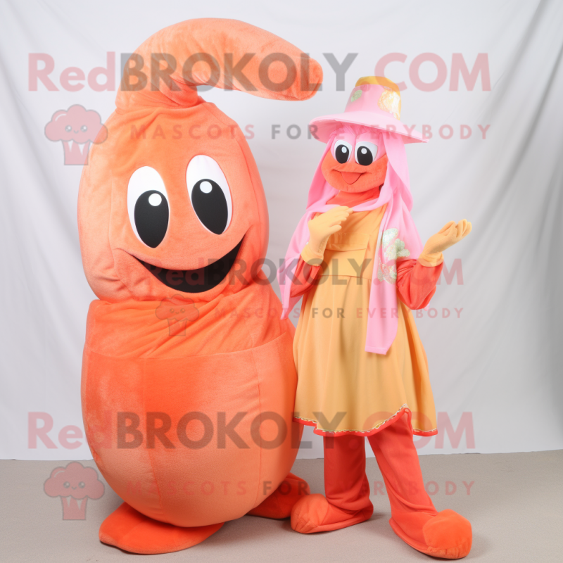 Peach Shrimp Scampi mascot costume character dressed with a Maxi Dress and Beanies Peach Shrimp Scampi mascot costume character dressed with a Maxi Dress and Beanies