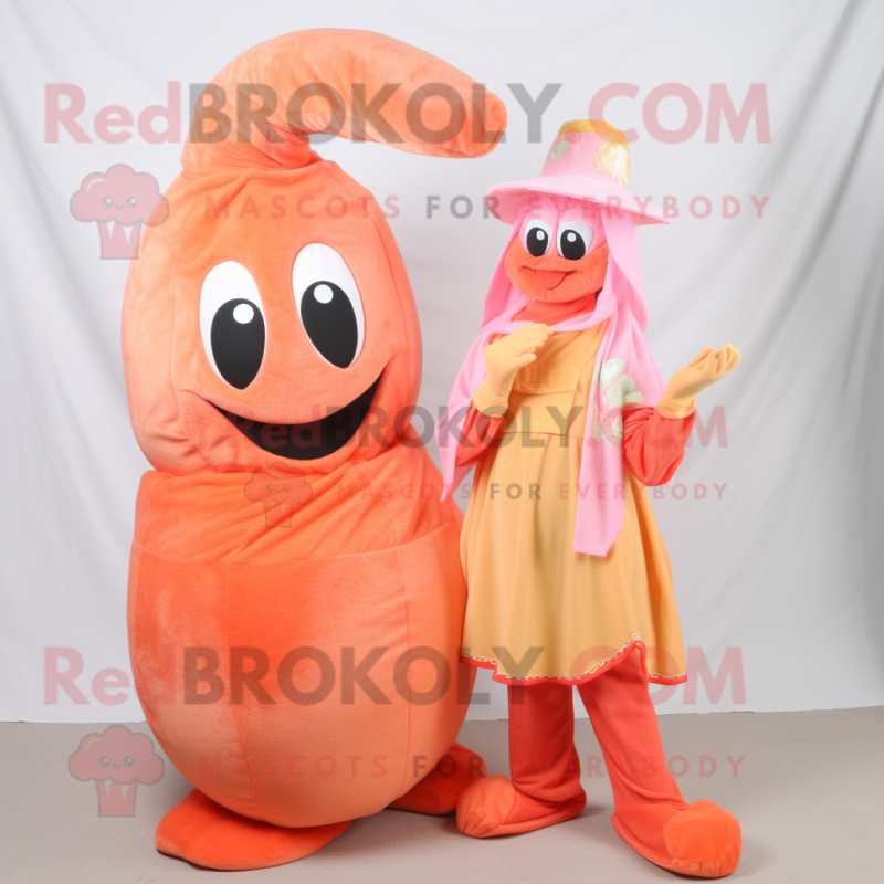 Peach Shrimp Scampi mascot costume character dressed with a Maxi Dress and Beanies