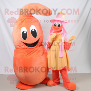 Peach Shrimp Scampi mascot costume character dressed with a Maxi Dress and Beanies