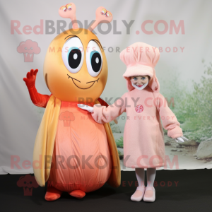 Peach Shrimp Scampi mascot costume character dressed with a Maxi Dress and Beanies