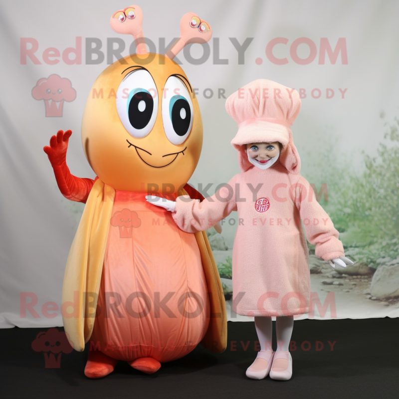 Peach Shrimp Scampi mascot costume character dressed with a Maxi Dress and Beanies Peach Shrimp Scampi mascot costume character dressed with a Maxi Dress and Beanies