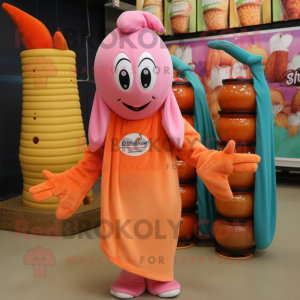 Peach Shrimp Scampi mascot costume character dressed with a Maxi Dress and Beanies