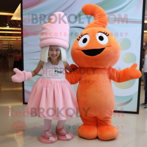 Peach Shrimp Scampi mascot costume character dressed with a Maxi Dress and Beanies