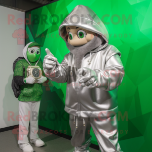 Silver Leprechaun mascot costume character dressed with a Hoodie and Smartwatches