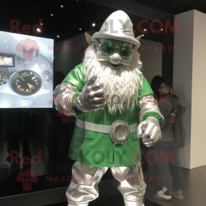 Silver Leprechaun mascot costume character dressed with a Hoodie and Smartwatches